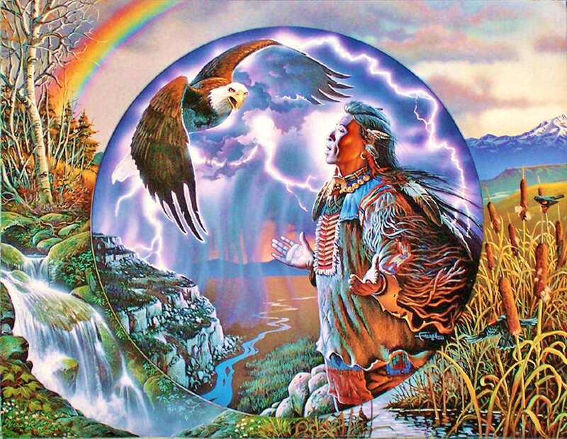 Native American Man with Eagle — Blue, Dramatic, Afternoon