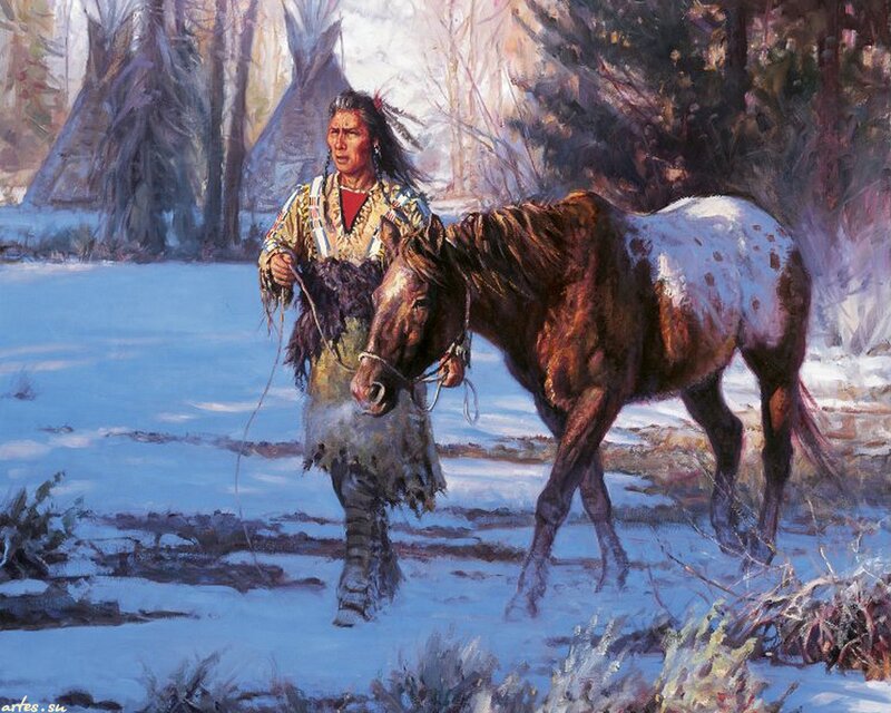 Native American Man with Horse — Blue