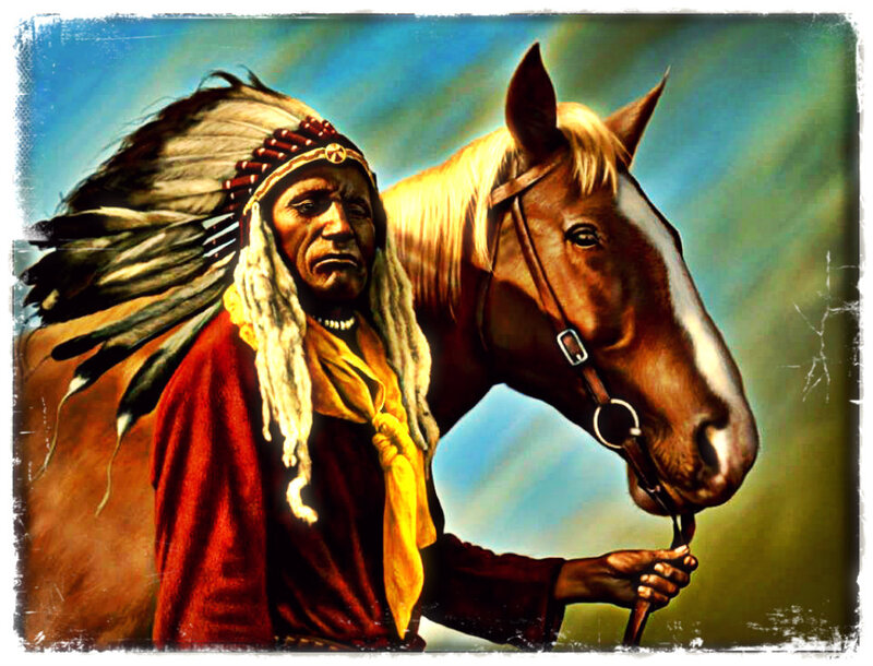 Native American Man with Horse — Brown, Dramatic, Illustration