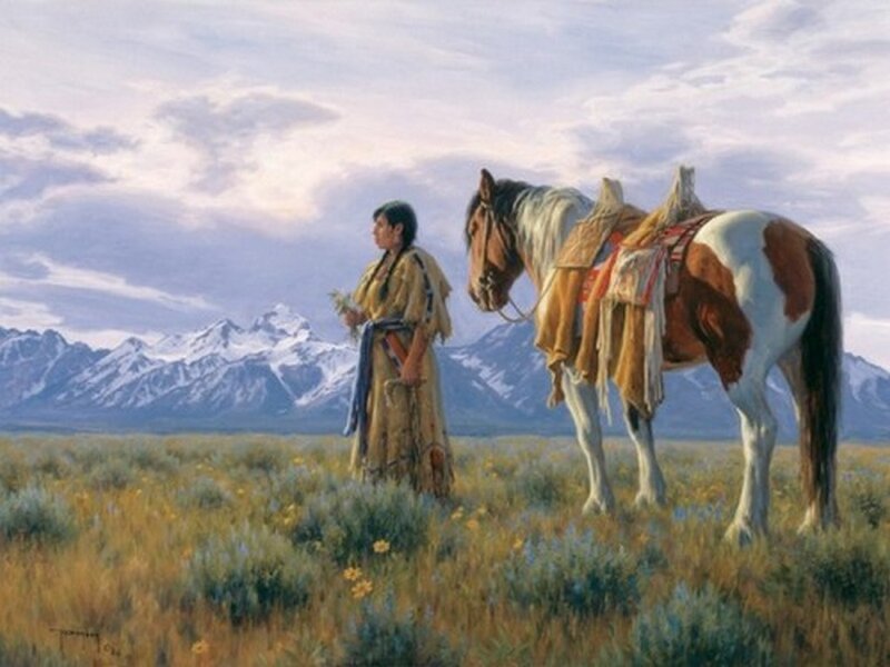 Native American Man with Horse — Brown, Serene