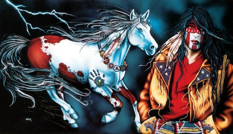 Native American Man with Horse — Red