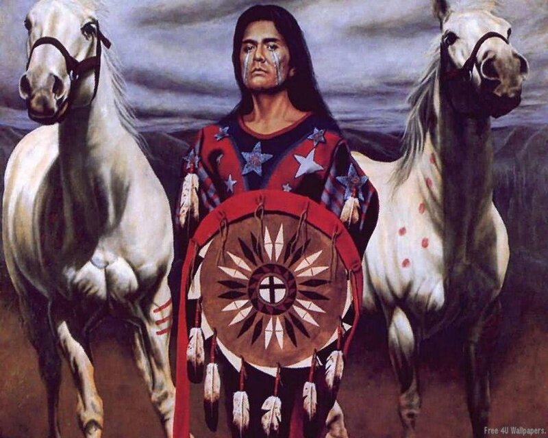 Native American Man with Horses — Brown, Dramatic, Painting