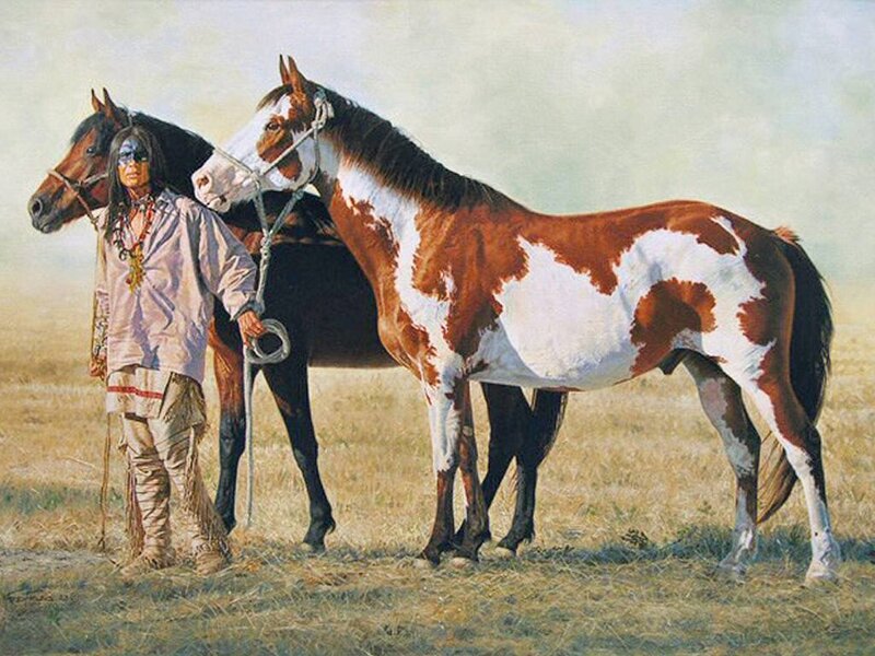 Native American Man with Horses — Brown, Serene