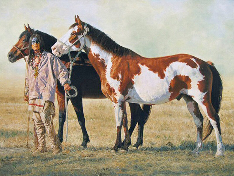 Native American Man with Horses — Brown