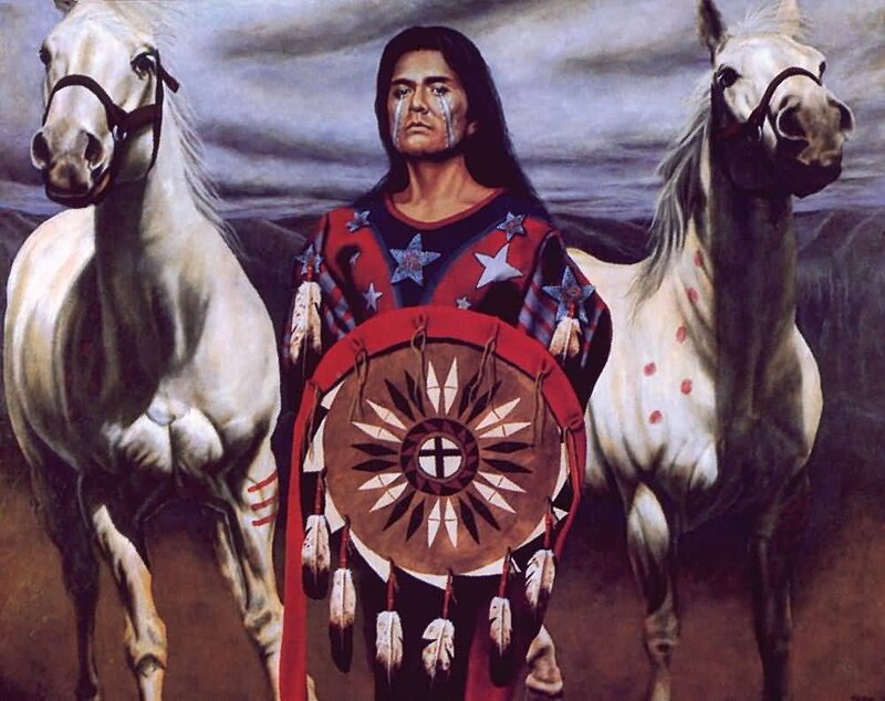 Native American Man with Horses — Red