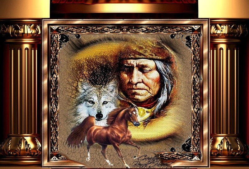 Native American Man with Wolf and Horse