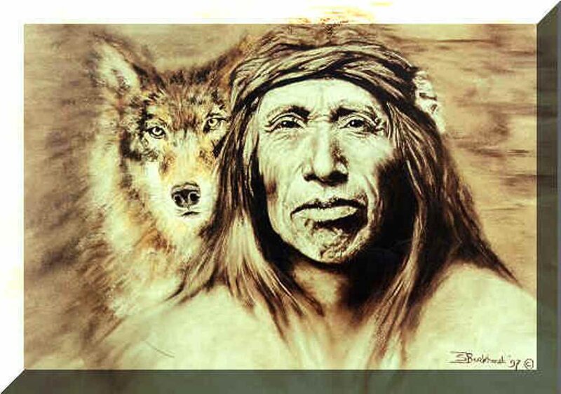 Native American Man with Wolf — Brown, Serious