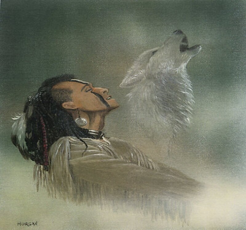 Native American Man with Wolf — Gray