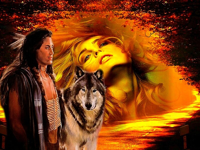 Native American Man with Wolf — Orange