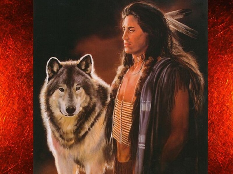 Native American Man with Wolf — Red, Dramatic
