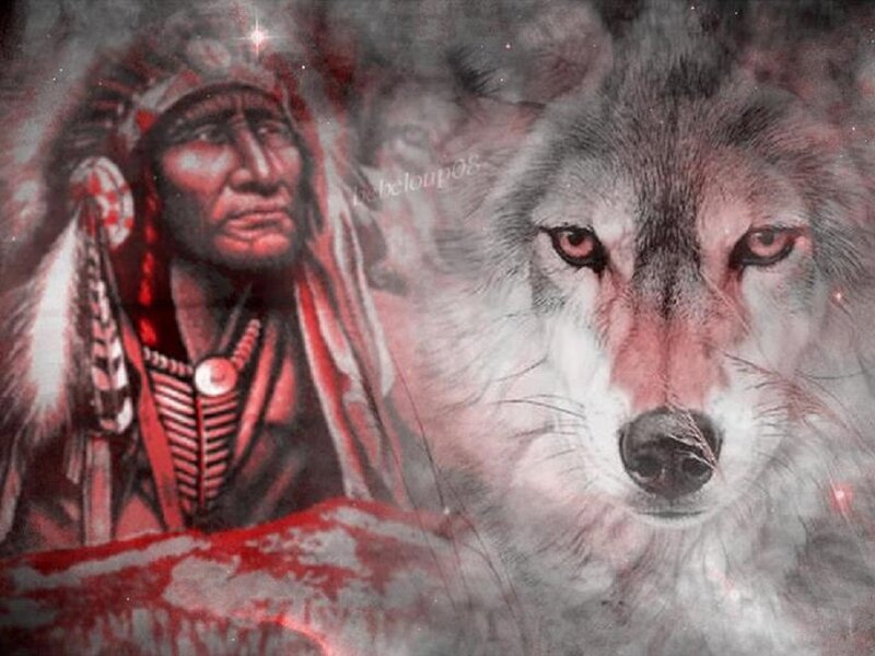 Native American Man with Wolf — Red
