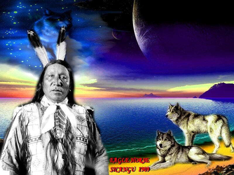 Native American Man with Wolves — Blue, Dramatic, Sunset