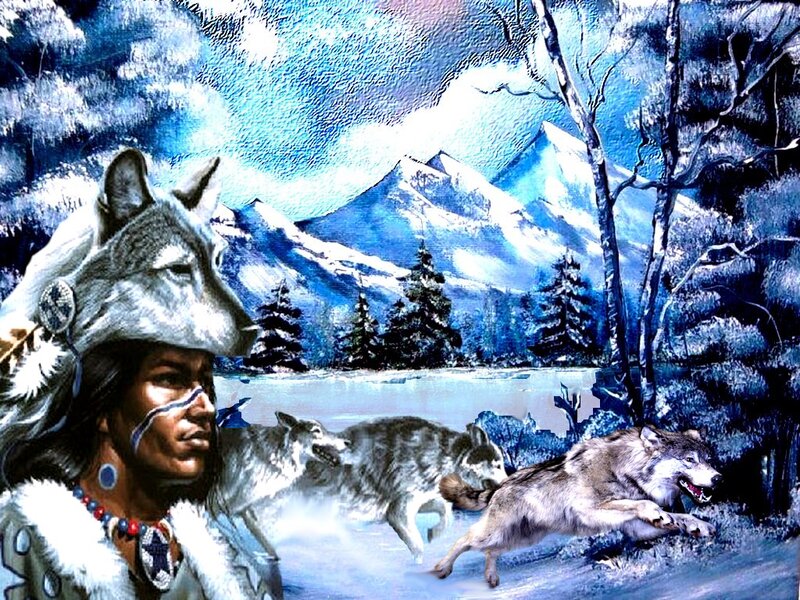 Native American Man with Wolves — Blue, Dramatic
