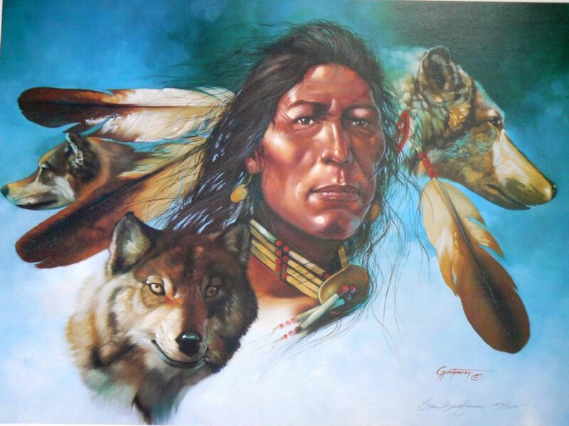Native American Man with Wolves — Blue