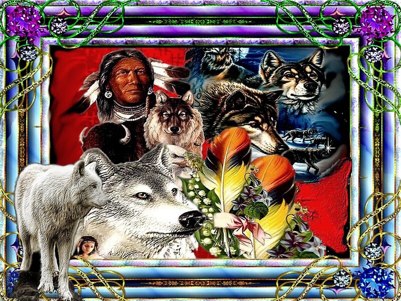 Native American Man with Wolves — Red