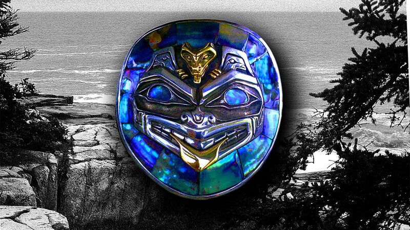 Native American mask on coastal scene