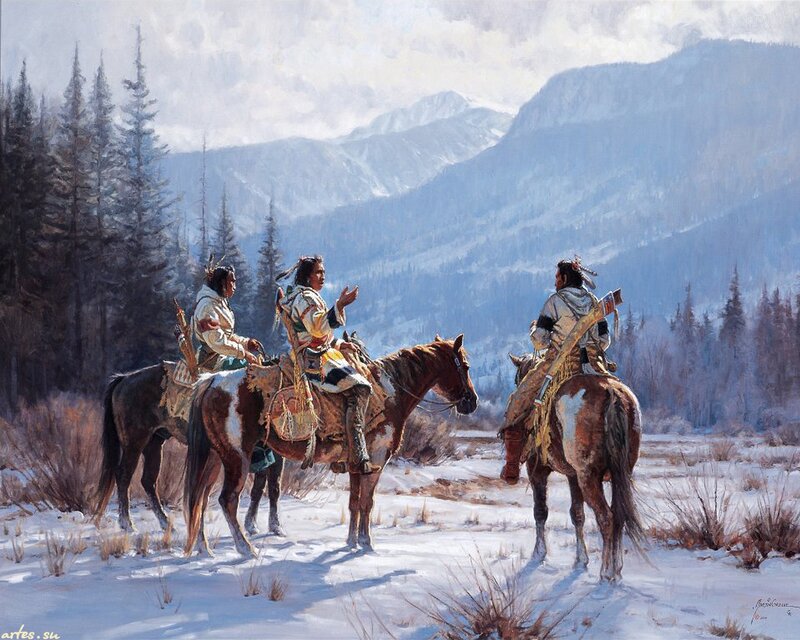 Native American Men on Horses — White