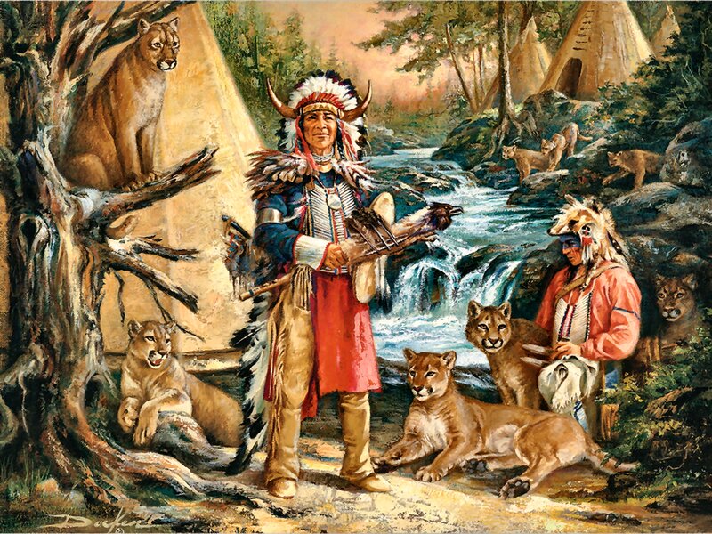 Native American Men with Cougars