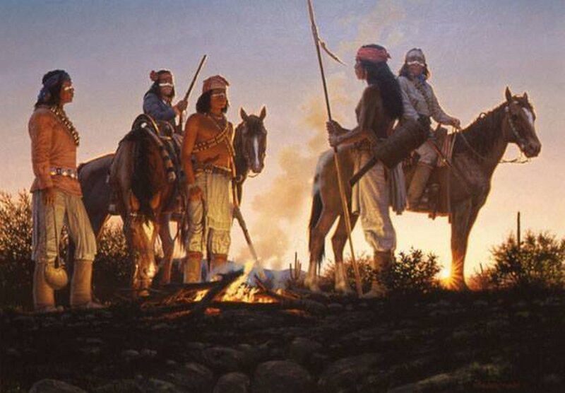 Native American Men with Horses — Brown, Dramatic, Sunset