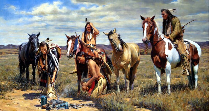 Native American Men with Horses — Brown, Dramatic