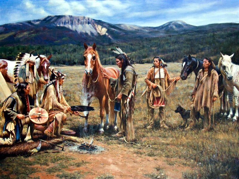 Native American Men with Horses — Brown, Serene