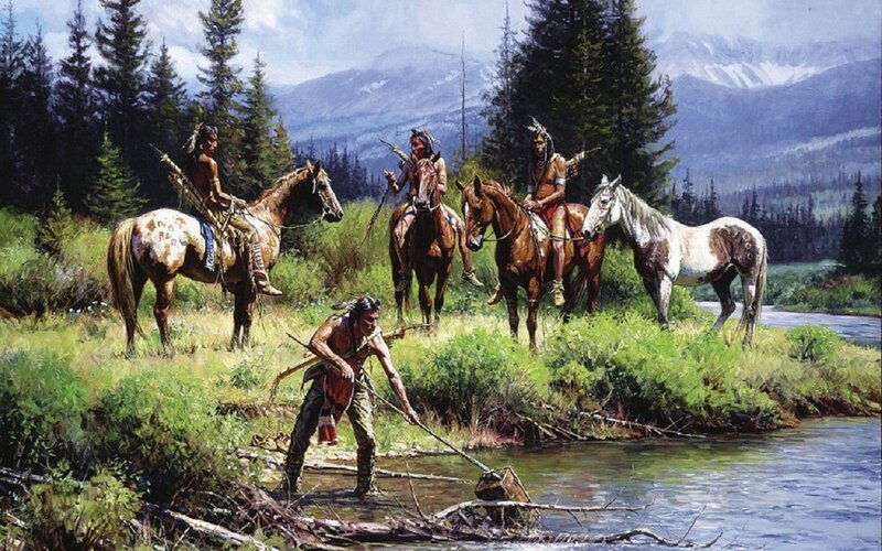 Native American Men with Horses — Green