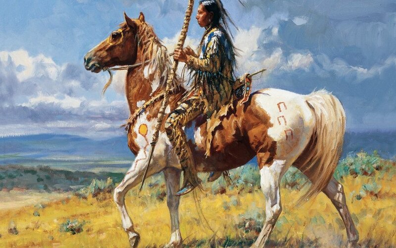 Native American on Horse — Blue, Dramatic, Afternoon, Painting, Saddle