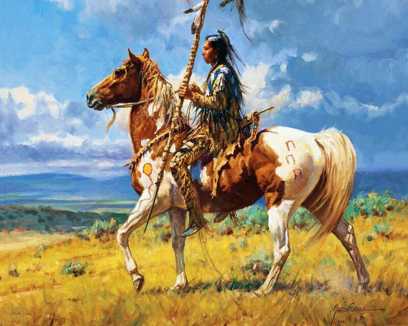 Native American on Horse — Blue, Dramatic, Afternoon, Painting