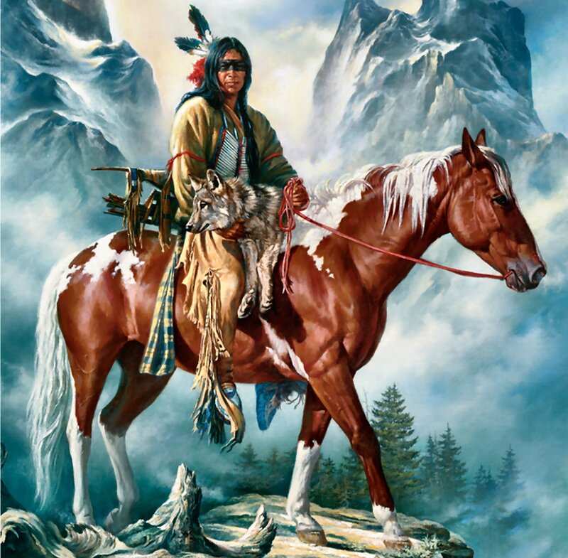 Native American on Horse — Brown, Dramatic, Painting, Wolf