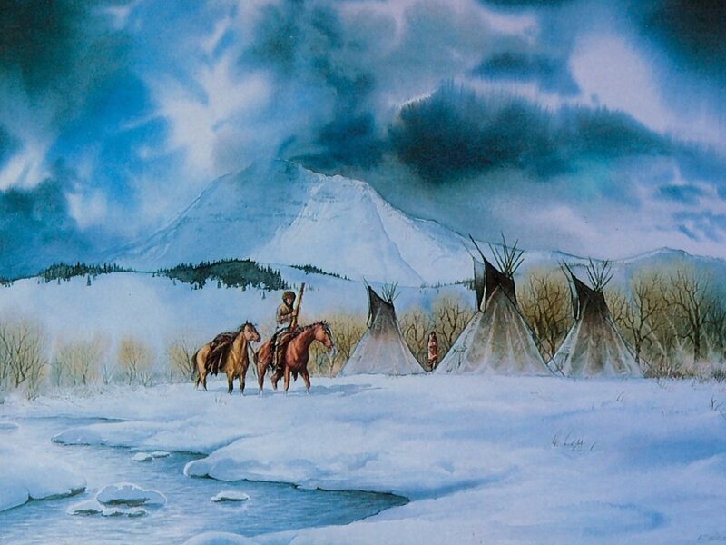 Native American on Horseback — Blue, Dramatic, Winter