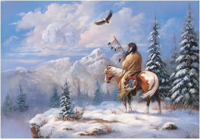 Native American on Horseback — Blue, Serene