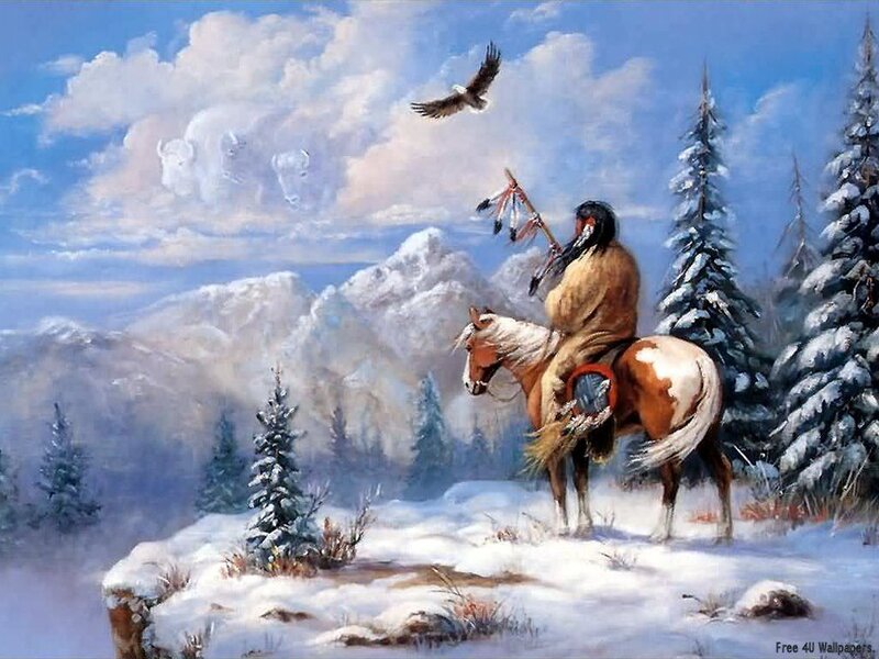 Native American on Horseback — Blue, Serene, Winter