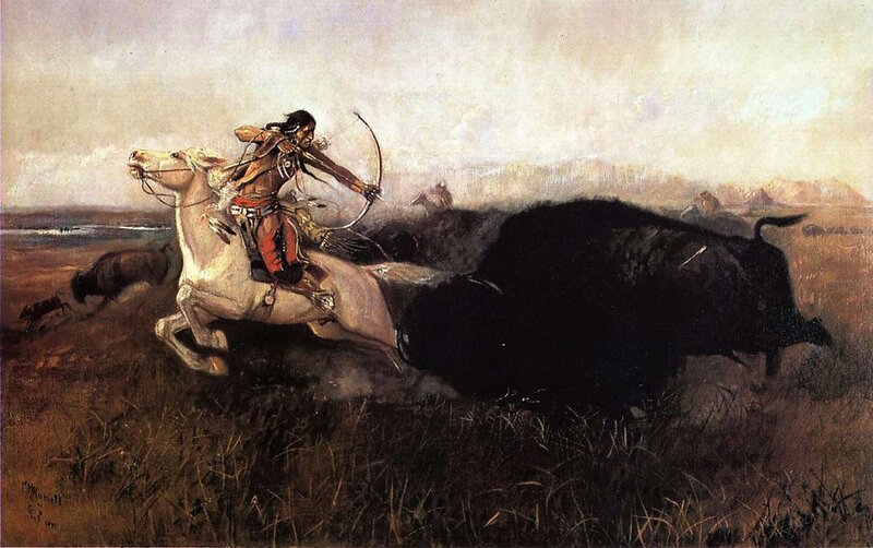 Native American on Horseback — Brown, Dramatic, Afternoon, Painting
