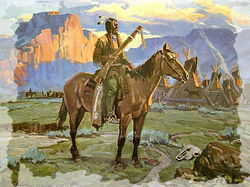 Native American on Horseback — Brown, Dramatic