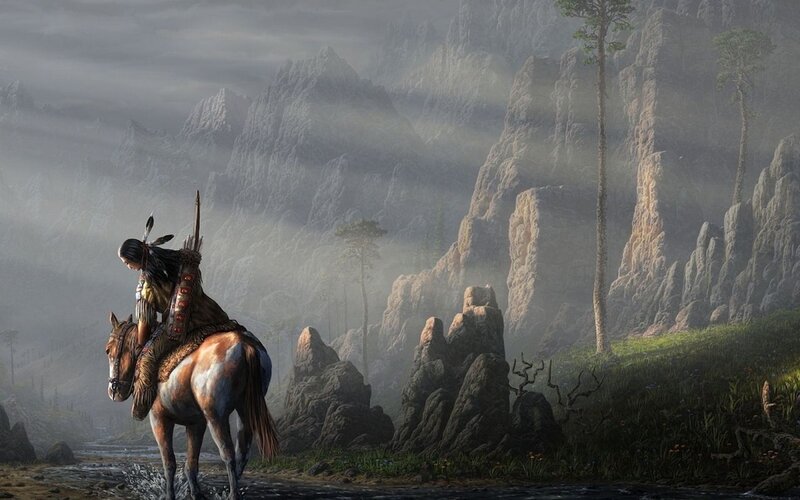 Native American on Horseback — Gray, Dramatic, Morning