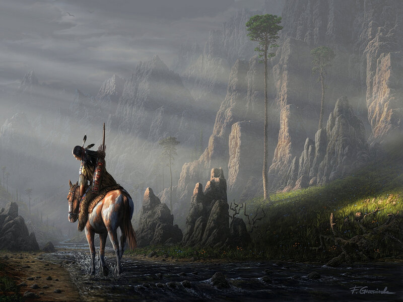 Native American on Horseback — Gray, Dramatic
