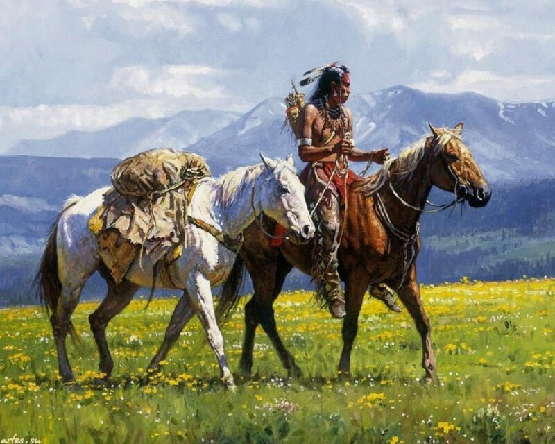 Native American on Horseback — Green, Serene, Afternoon