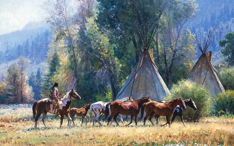Native American on Horseback — Green, Serene