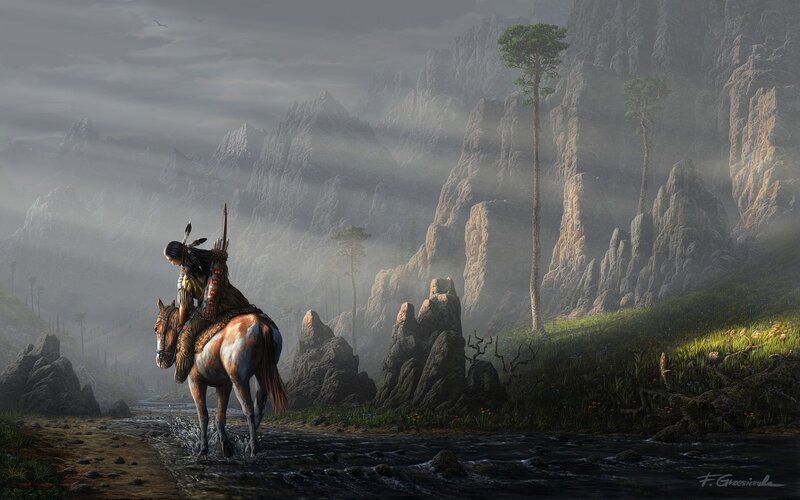 Native American on horseback in mountains