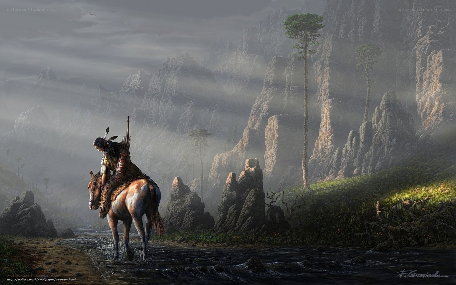 Native American on horseback in mountains