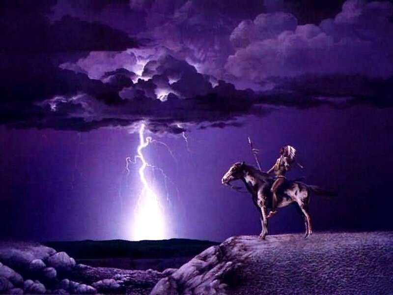 Native American on horseback in storm