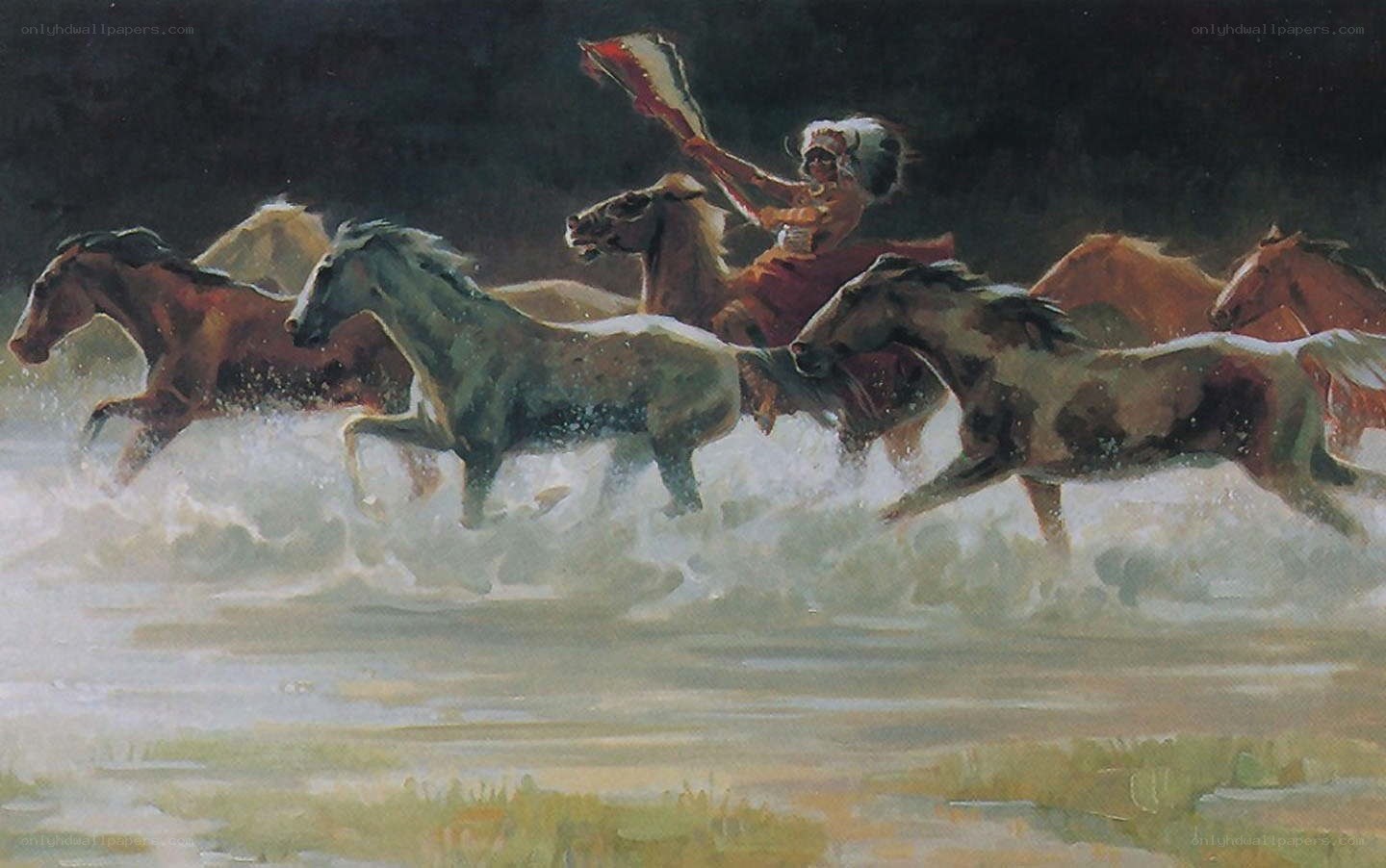 Native American on horseback in water