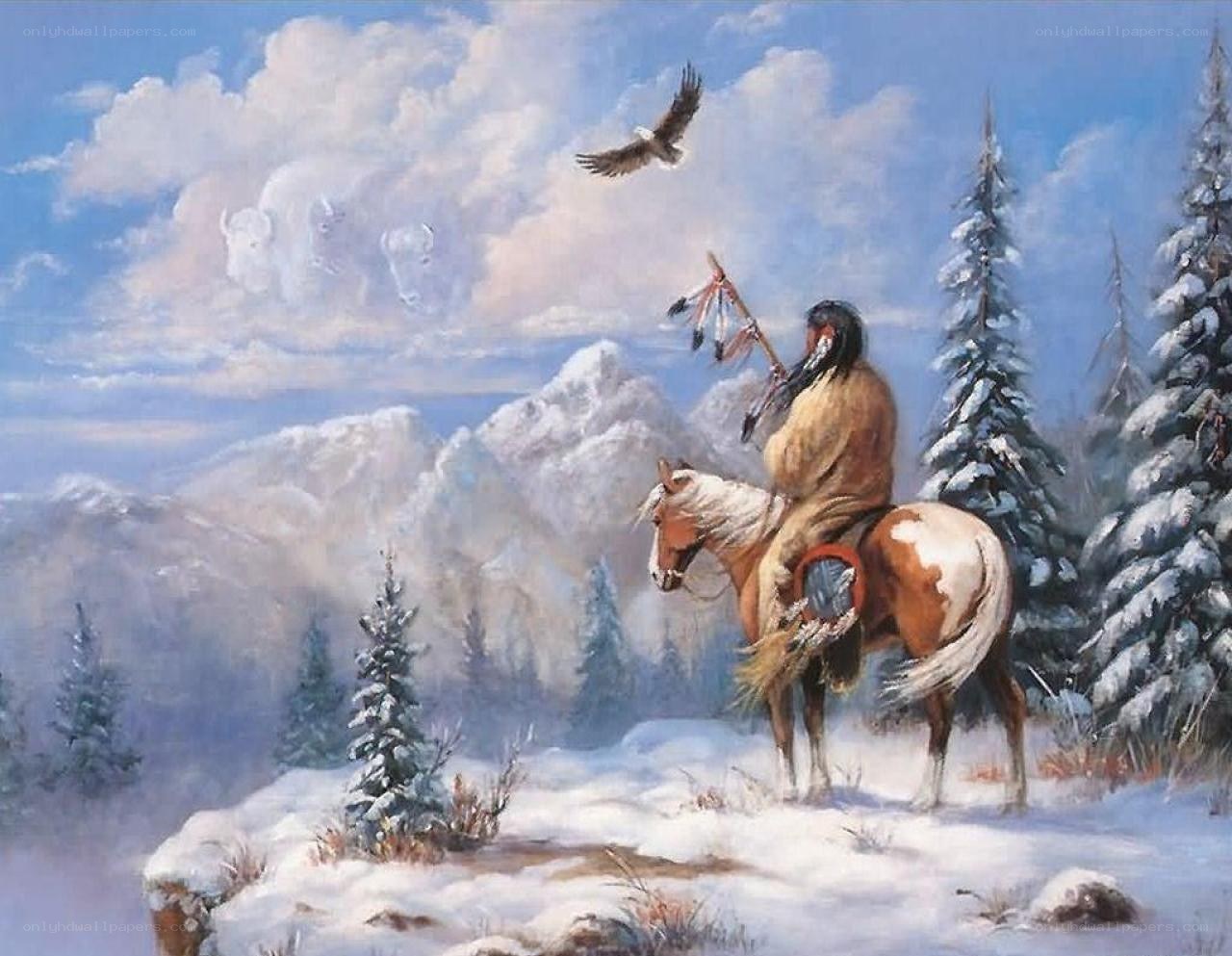 Native American on horseback in winter