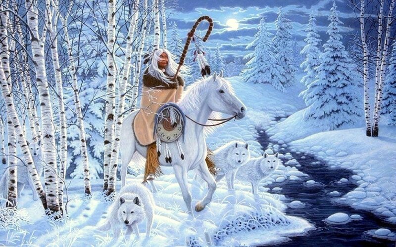 Native American on White Horse — Serene