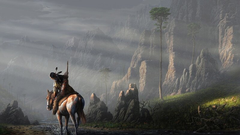 Native American Rider on Horse — Gray, Dramatic