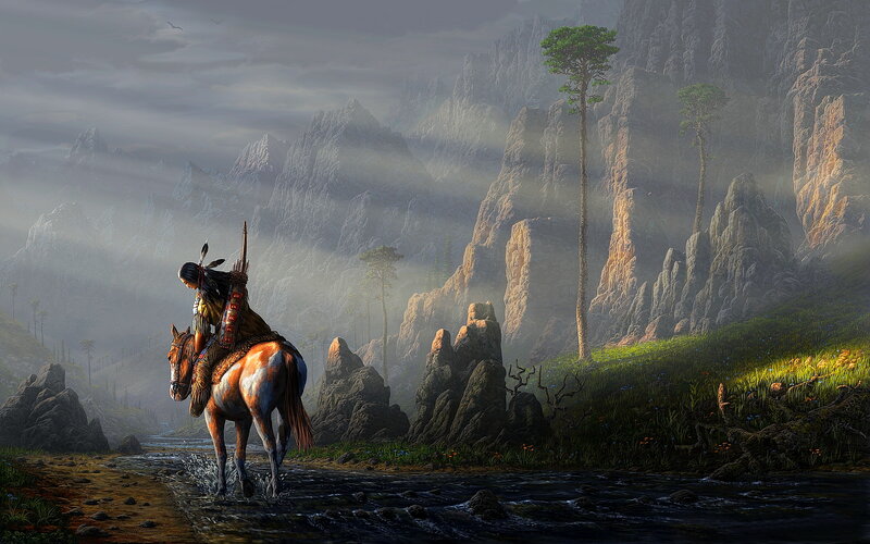 Native American Rider on Horse — Gray