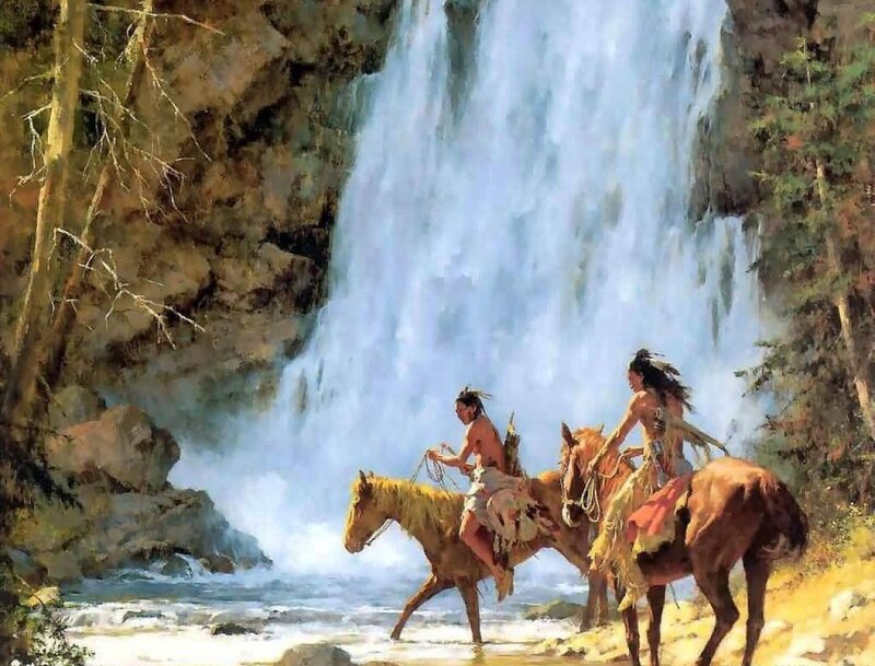 Native American Riders at Waterfall