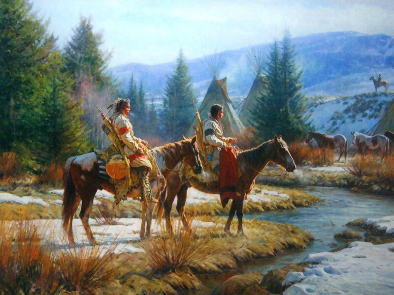 Native American riders by a stream