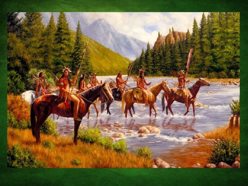 Native American riders crossing a river