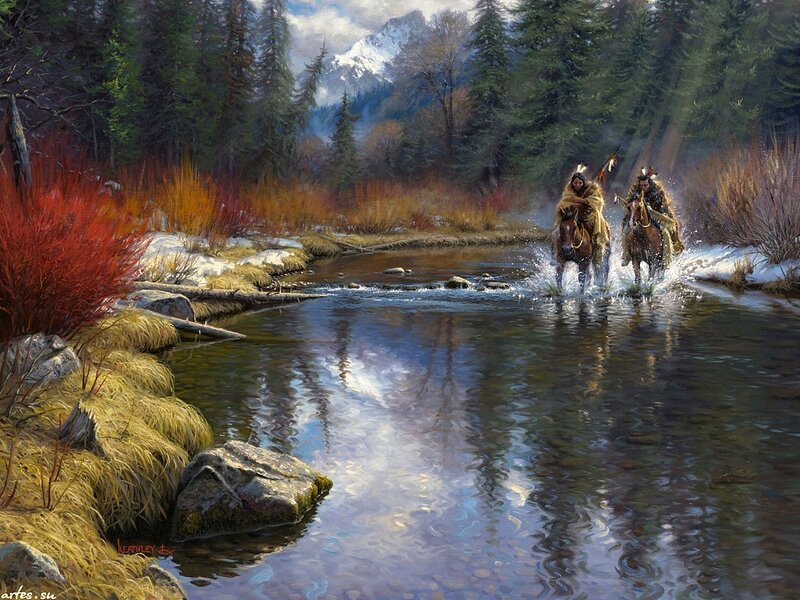 Native American Riders Crossing River — Blue, Dramatic, Autumn